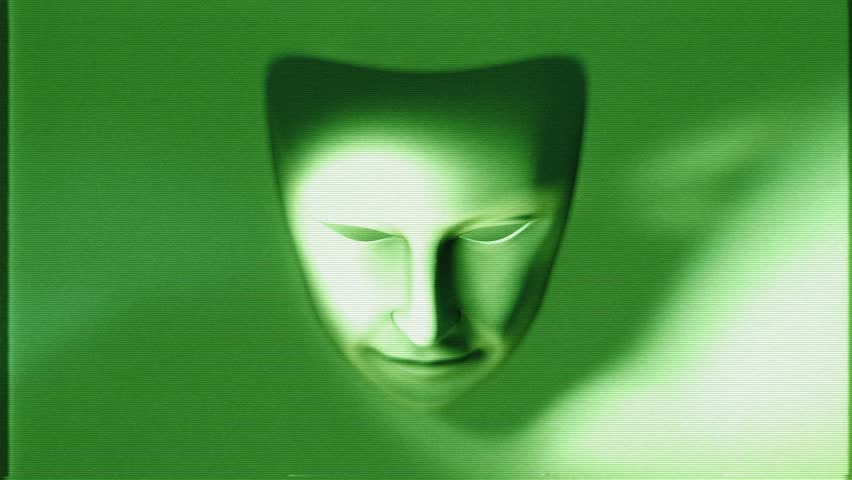 A theatrical style white mask that animates into fractured pieces on a looping animation in a stylised green night vision style with glitch TV noise.