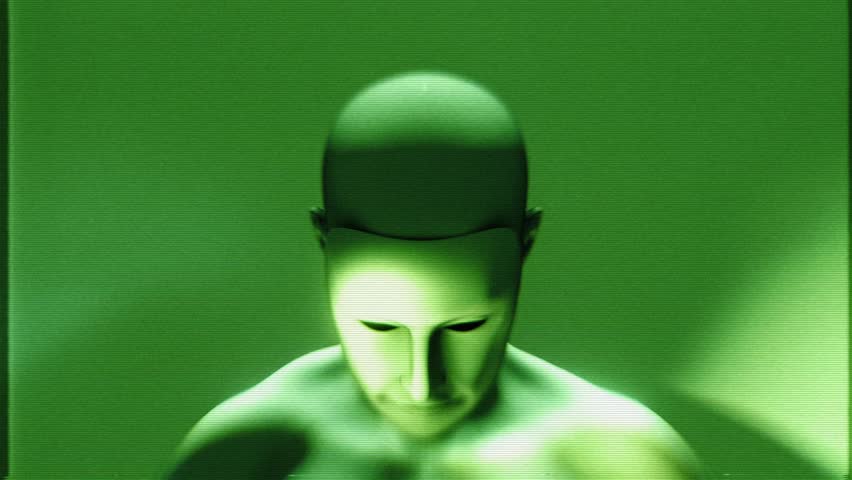 A synthetic humanoid with masked face and glowing eyes in a stylised green night vision style with glitch TV noise.