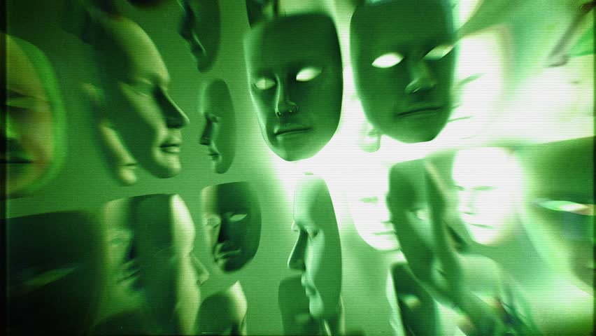 Lots of spinning theatre masks with dramatic light and shadow in stylised green night vision style with glitch TV noise.