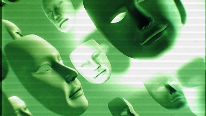 Lots of spinning theatre masks with dramatic light and shadow in stylised green night vision style with glitch TV noise.