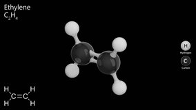 Molecule: Ethylene. Classification: Alkene. Colorless gas. Chemical Structure Model: Ball and stick. Molecular Formula: C2H4. Black background. Seamless looping. 3D rendering. - Powered by Shutterstock - Get 15% off with code: PIKWIZARD15