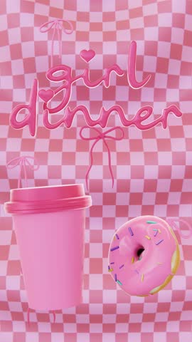 National Donut Day vertical 3D pink glazed infographic girl dinner loop animation rotating coffee cup checkers texture ribbon bows confetti falling retro pop groovy funky fancy celebration event