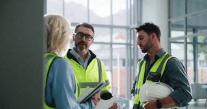 Business, construction site and people with teamwork, conversation and planning in meeting. Discussion, men and woman with feedback, architecture or documents with cooperation, talking or engineering - Powered by Shutterstock - Get 15% off with code: PIKWIZARD15