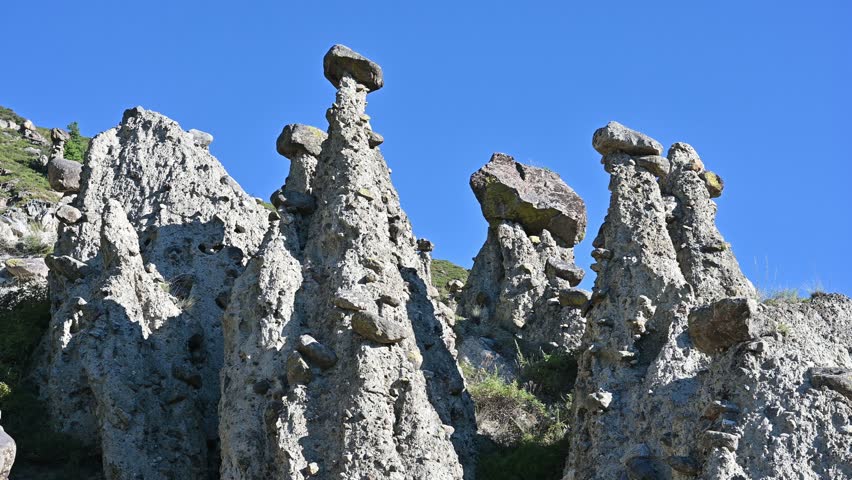 Natural stone mushrooms rock formations in Altai, Russia. Famous geological landmark and popular tourist attraction
