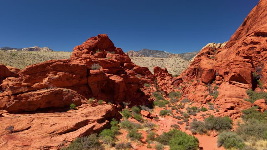 A stunning low-altitude drone flight through the dramatic landscape of Red Rock Canyon, Nevada. The vibrant red sandstone formations are brilliant under a clear blue sky.