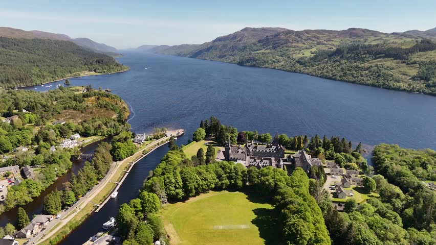 Drone view of Fort Augustus town at Loch Ness, lake in Scotland, United Kingdom