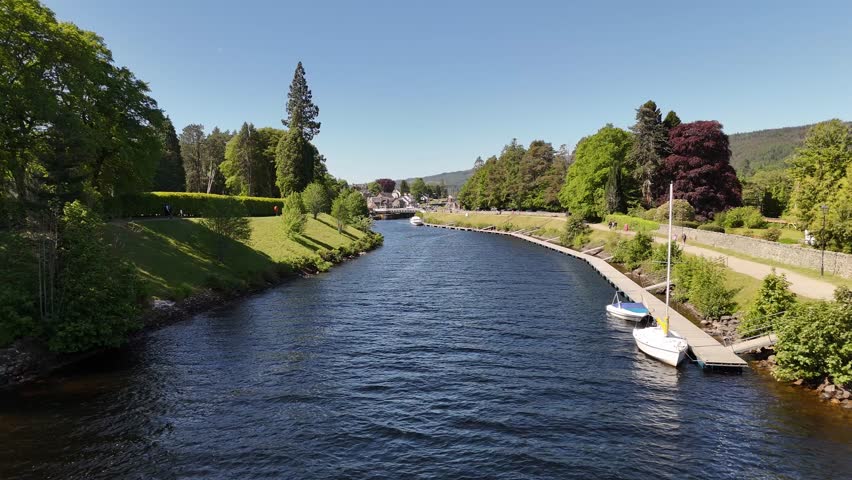 Aerial footage of Fort Augustus at Loch Ness, lake in Scotland, United Kingdom