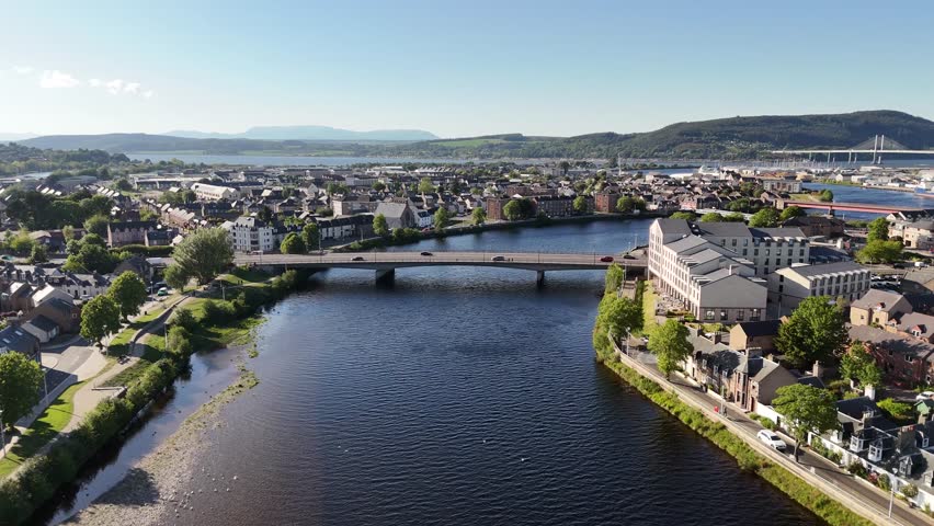 Aerial view of Inverness city and River Ness, Scotland, United Kingdom