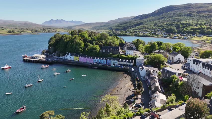 Aerial shot of Portree town on Isle of Skye, Scotland, United Kingdom