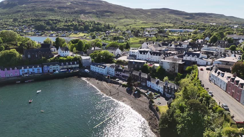 Aerial view of Portree town, Isle of Skye, Scotland, United Kingdom
