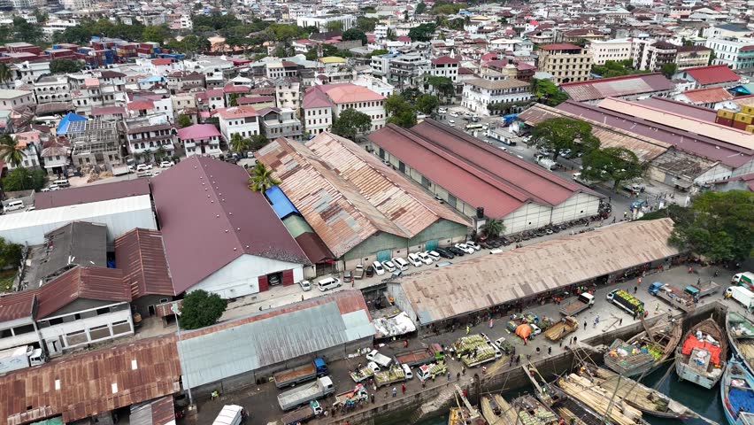 Aerial view of Malindi Fish Market in Stone Town, Zanzibar, Tanzania