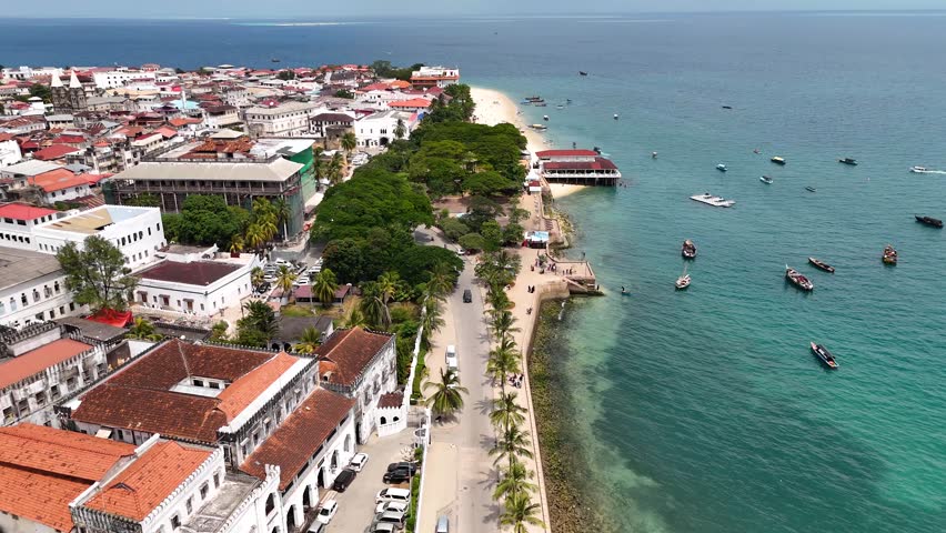 Aerial view of Stone Town waterfront in Zanzibar City, Tanzania