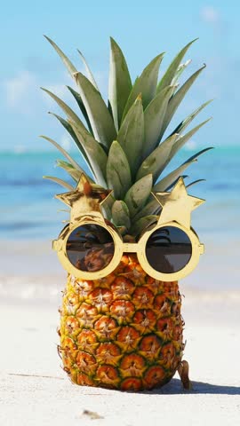 Funny pineapple face in funky sun glasses on caribbean seashore. Exotic fruit on beach close to sea. Summer holidays. Vertical footage