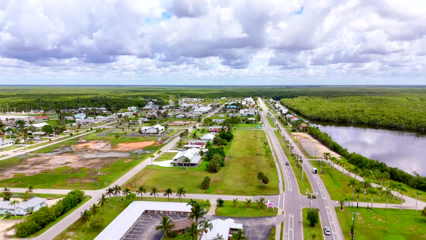 Aerial establishing shot Everglades City 2025