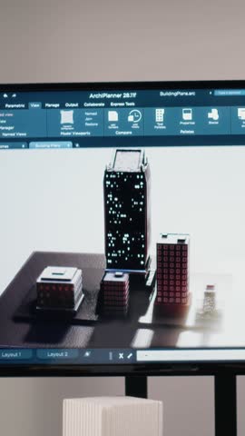Vertical Video Empty corporate office serving as an innovation hub for property developers, where 3D architectural software, zoning compliance, and city planning strategies guide residential projects.