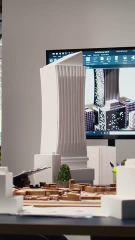 Vertical Video Group of diverse developers brainstorm innovative design ideas for construction and city planning, real estate experts meeting in a boardroom to ensure infrastructure growth approval