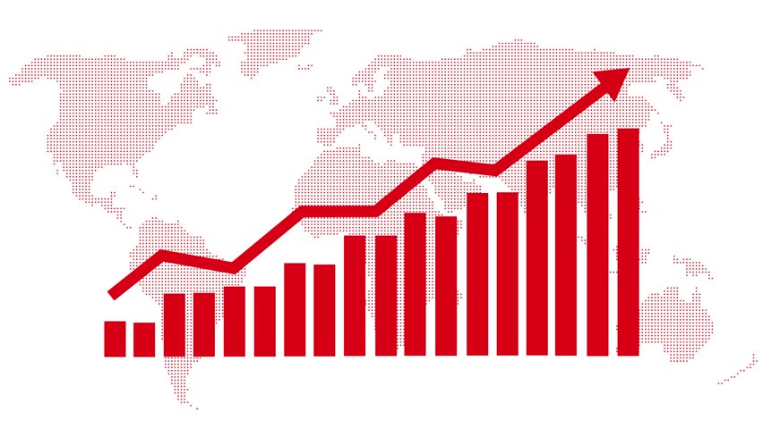 Business bar and line graph animation on a dark world map background, symbolizing global economic growth