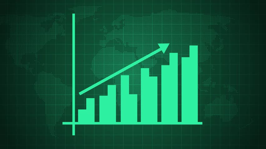 Business bar chart with upward arrow animation on a dark world map background