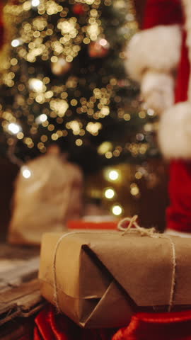 Santa Claus delivering Christmas gifts and making secret gesture for holiday surprise deals