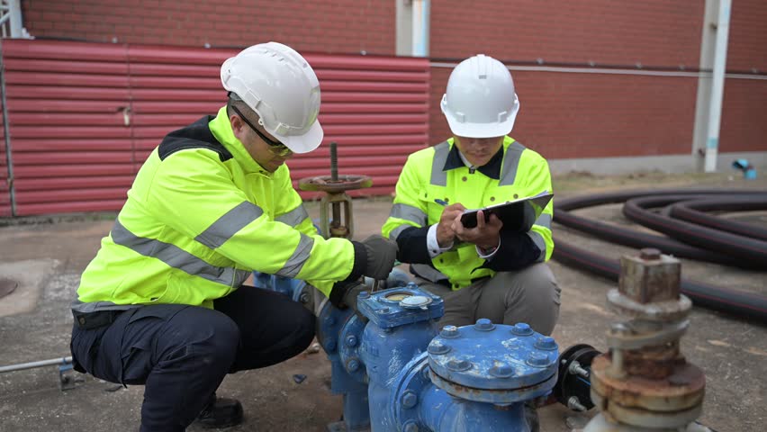 Two industrial workers in safety gear inspecting and maintaining water pump system outdoors, ensuring pipeline efficiency. Engineering teamwork for infrastructure reliability.
