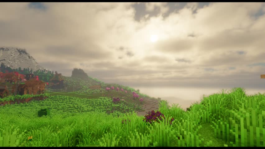 Pixelated sunset landscape in voxel art with grass fields and mountains