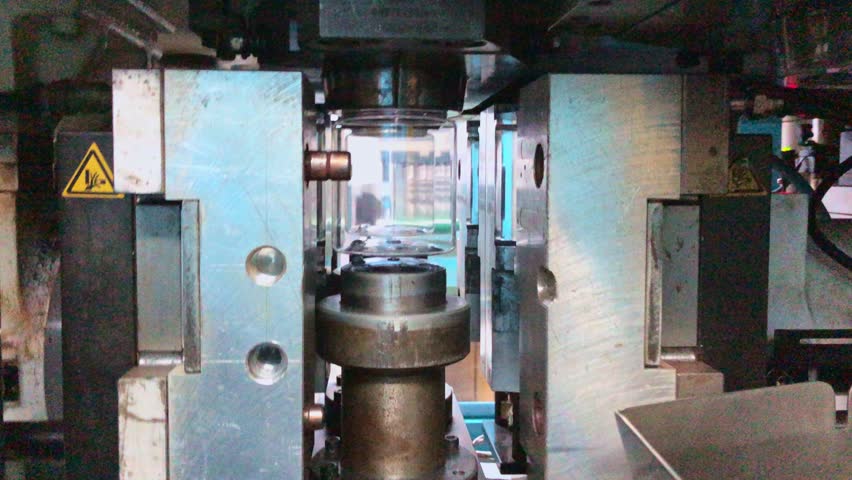 Blow molding machine producing clear plastic bottles on factory production line.