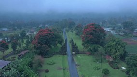Traditional Balinese split stone gates rising against a lush garden with green lawns, tropical trees, and vibrant red flowers, surrounded by mystical morning mist - Powered by Shutterstock - Get 15% off with code: PIKWIZARD15