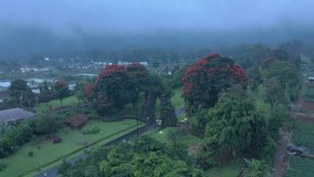Traditional Balinese split stone gates rising against a lush garden with green lawns, tropical trees, and vibrant red flowers, surrounded by mystical morning mist - Powered by Shutterstock - Get 15% off with code: PIKWIZARD15