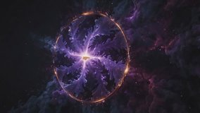 An abstract visual with cosmic and energy themes. In the center of the image is a glowing circular shape resembling a golden ring surrounding a formation that resembles lightning or a bright purple  - Powered by Shutterstock - Get 15% off with code: PIKWIZARD15