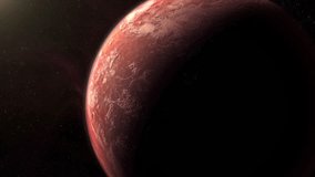 Cinematic view of an alien planet with red rocky surface, swirling atmosphere, and dramatic sunlight in deep space, science fiction background and cosmic landscape - Powered by Shutterstock - Get 15% off with code: PIKWIZARD15