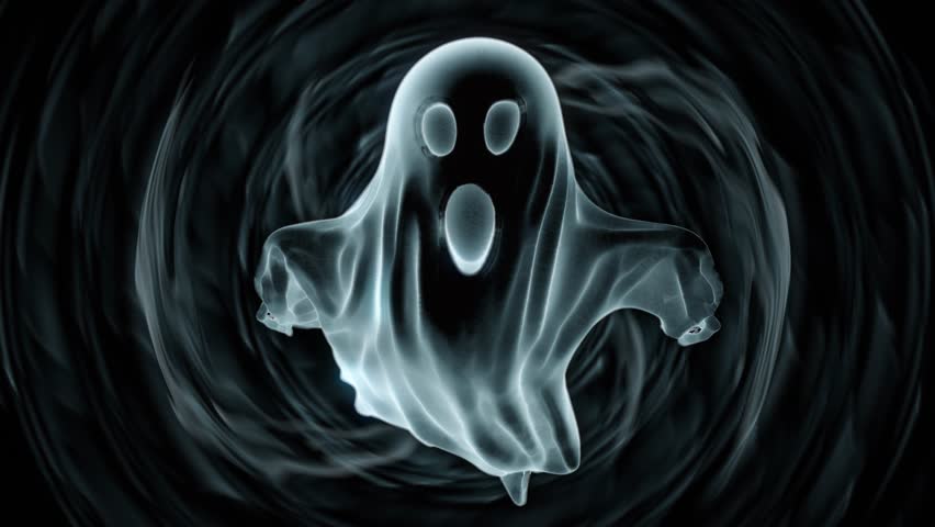 Animation Ghost Figure With Horror Theme Background. Looping Dark Spooky Character Floating In Empty Tunnel Space. One Creepy Spectral Spirit For Halloween Atmosphere And Frightening 3D Illustration