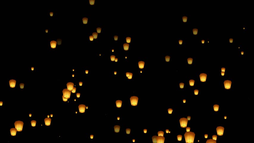 Many paper lanterns flying (Fanus flying) during Rash Mela at Durlacher in the black sky. Floating Sky Lanterns – Festival Paper Lantern Animation. 3D Animation of Multiple Paper Lanterns Rising Up.