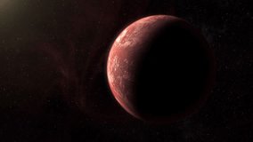 Cinematic view of an alien planet with red rocky surface, swirling atmosphere, and dramatic sunlight in deep space, science fiction background and cosmic landscape - Powered by Shutterstock - Get 15% off with code: PIKWIZARD15