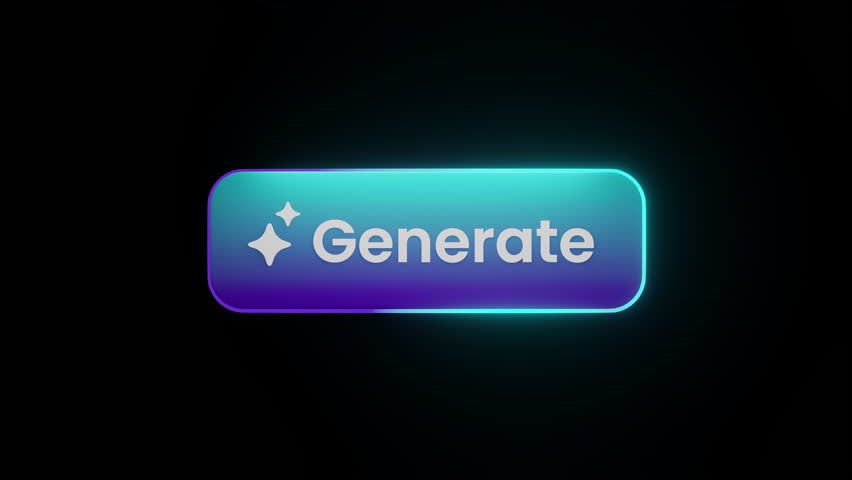 AI generation concept with glowing "Generate" button and technology icons surrounding it, visualizing artificial intelligence capabilities in media creation, automation, and content tools.