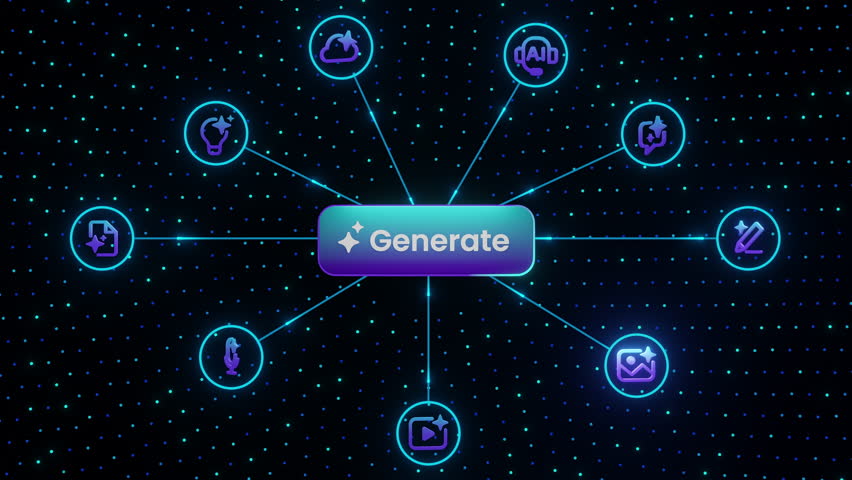 AI generation concept with glowing "Generate" button and technology icons surrounding it, visualizing artificial intelligence capabilities in media creation, automation, and content tools.