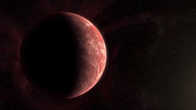 Cinematic view of an alien planet with red rocky surface, swirling atmosphere, and dramatic sunlight in deep space, science fiction background and cosmic landscape - Powered by Shutterstock - Get 15% off with code: PIKWIZARD15