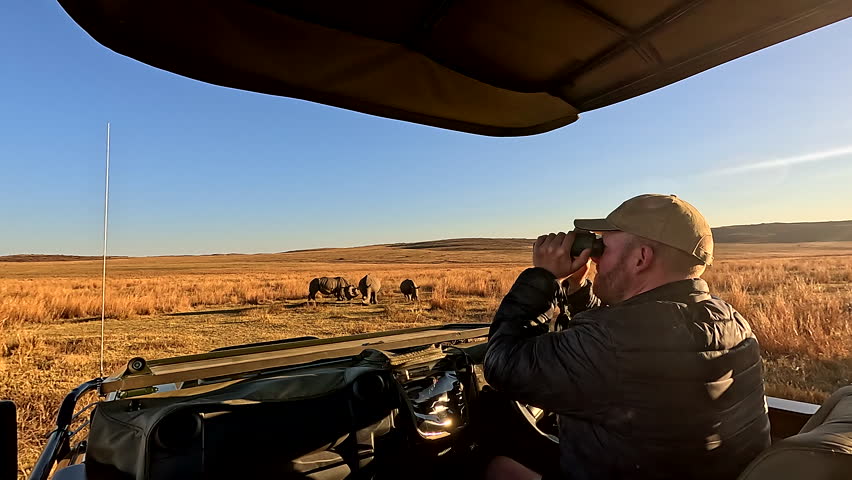 Anti-poaching security guard scans area for poaching threat of endangered rhinos