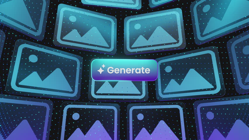 AI image generation concept showing a glowing Generate button surrounded by multiple image icons, symbolizing smart creativity, digital automation, and futuristic content creation.