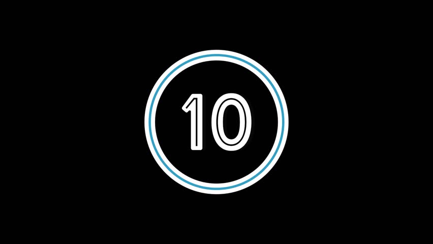 Classic countdown timer animation for 10 seconds with bold white font on plain black background. Great for live events and media editing.