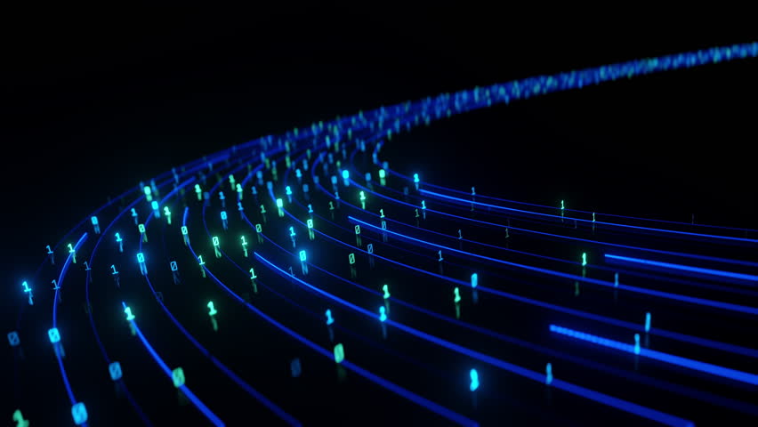 3D glowing binary code flowing along curved light trails on dark background, visualizing data transmission, digital communication, and futuristic technology in motion.