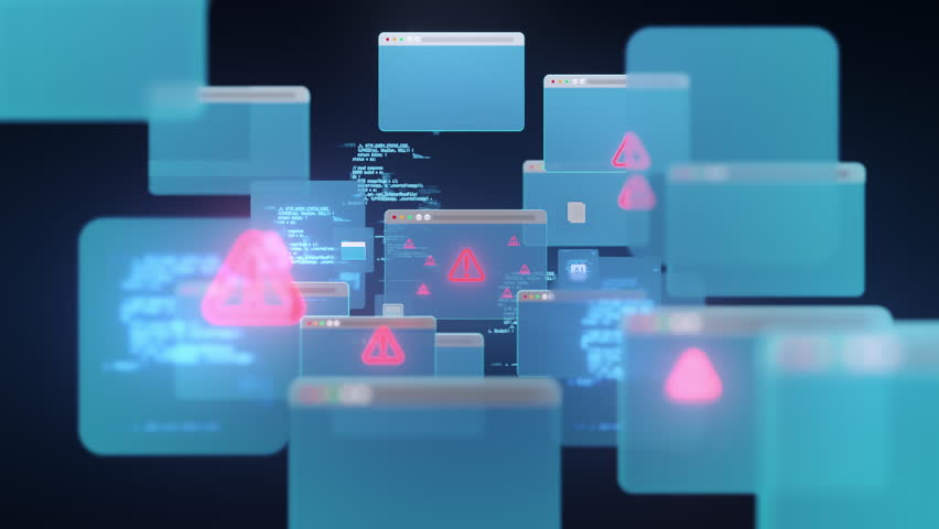 Cybersecurity alert concept showing system warning symbols in browser window interface, representing hacking threats, data breaches, and internet security issues in digital environments.