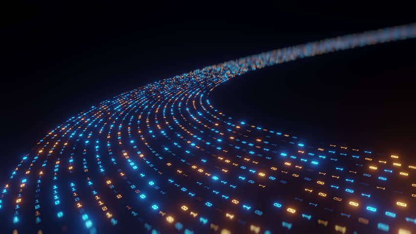 Glowing binary code in curved motion with blue and orange lights on dark background, symbolizing data transfer, digital communication, and futuristic information flow.