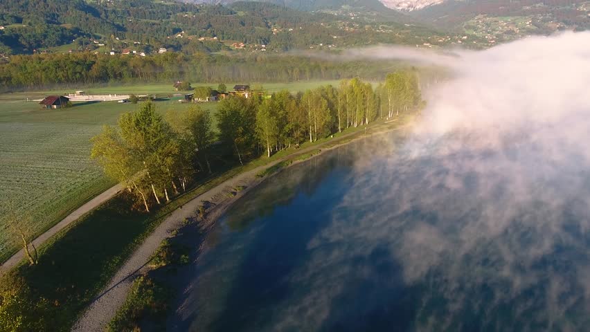 Lake in Haute-Savoie facing Mont Blanc – 4K Summer Drone Footage