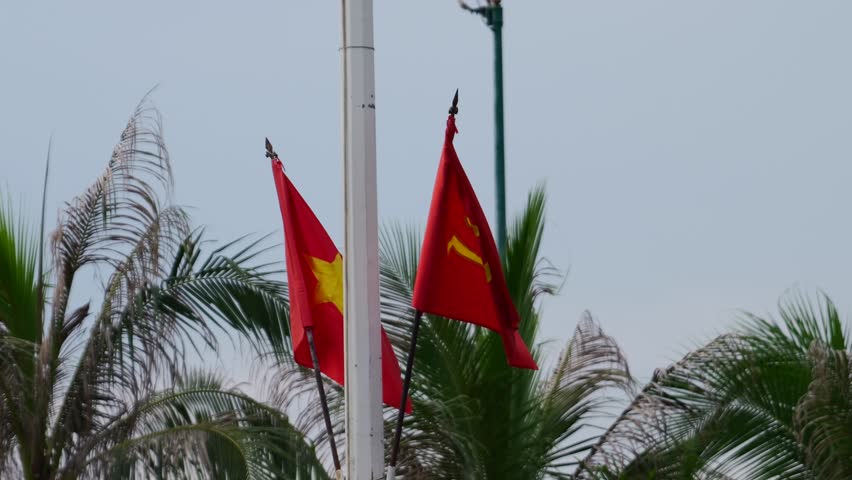 Communist flag with hammer and sickle symbol waving in the wind. Red banner of the Communist Party against a background of palm trees and a clear sky.