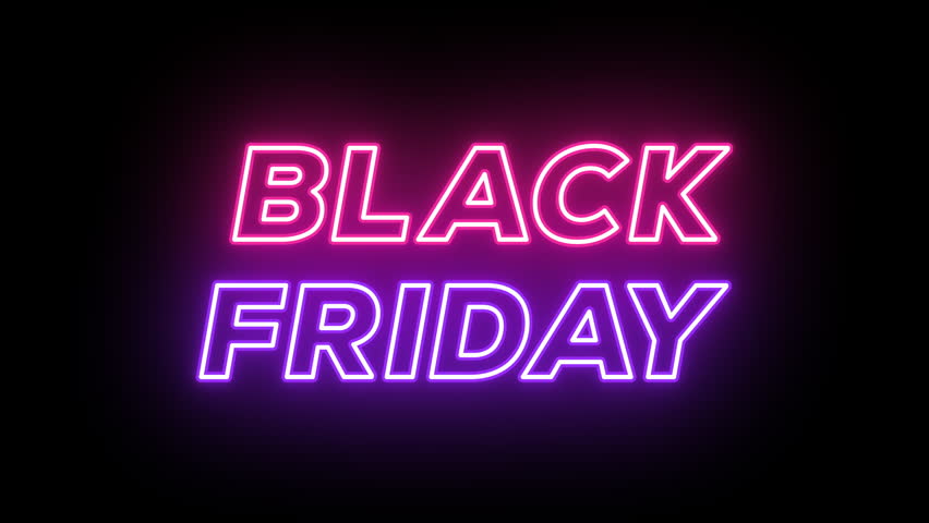 Neon Black Friday banner, blinking animation with text color change. Glowing neon Black Friday text, looped animation for sale promotion, digital ad, social media. Pink violet colors