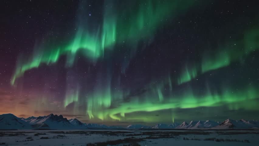 A stunning view of the aurora borealis, also known as the northern lights. Bright green and purple lights dance across the dark night sky.