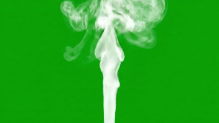 A distinct plume of white smoke or vapor rises from the bottom of the frame and gracefully swirls and curls towards the top against a solid green background. 