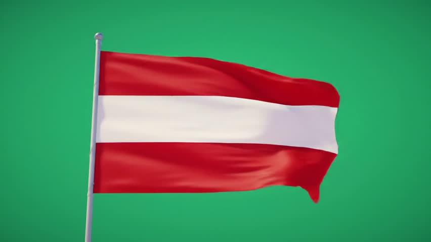 Ultra-realistic, high-definition cinematic slow-motion video of the Austrian national flag gently swaying in the natural wind. Features a uniform green background, perfect for keying and compositing.