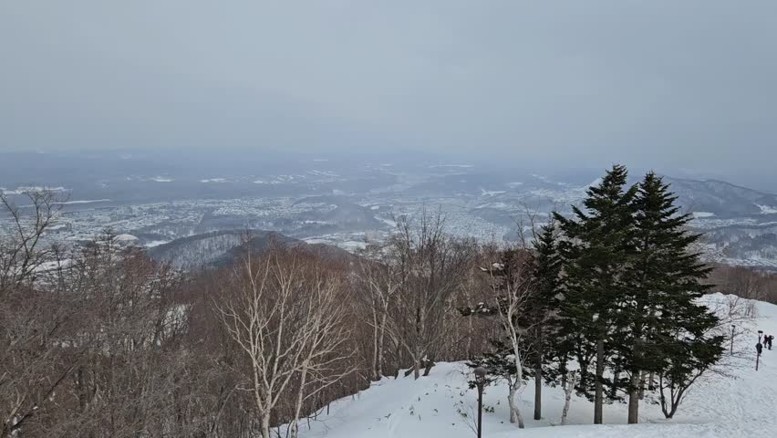  Panoramic winter view from Mount Moiwa in Sapporo, Japan. Snow-covered cityscape and surrounding mountains sparkle.