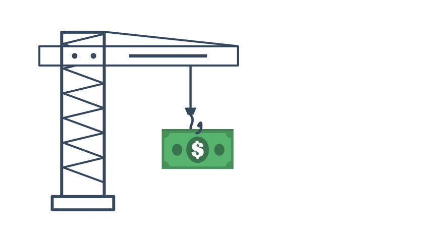 Building cost icon crane lifting a large denomination bank note, symbolizing expensive construction and investment costs. Suitable for financial